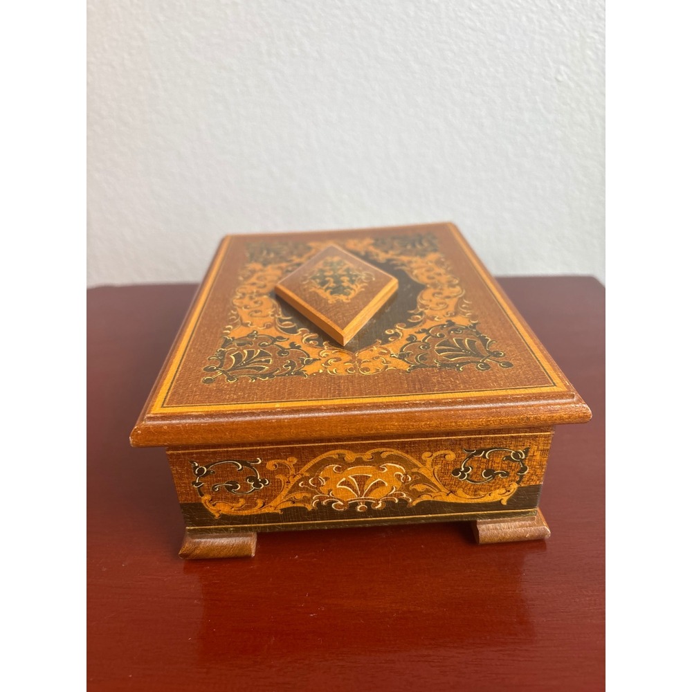 Vintage Marquetry Wood Jewelry Box Inlay Footed Pink Tufted Satin Lining Trinket - Picture 5 of 8
